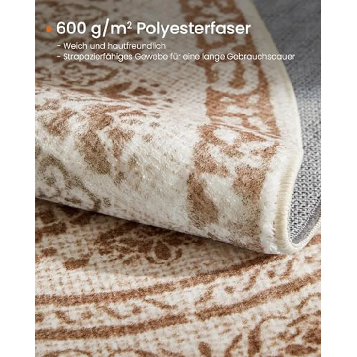 SONGMICS Teppich rund, Outdoor Teppich, Boho, 120 cm d, waschbar, rutschfest, Floral Vintage, für Wohnzimmer, Esszimmer, Schlafzimmer, Optik, Garten, Terrasse, Balkon,cappuccinobeige TAR051K01 – Bild 3