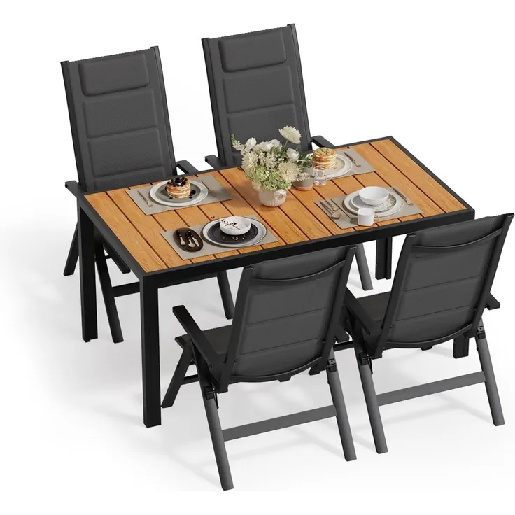 JUMMICO Gartenmöbel Set Klappbar, 5-Fach Verstellbarer Aluminium Sessel mit Holztisch, Wetterfestes Terrassenmöbel für Balkon und Garten