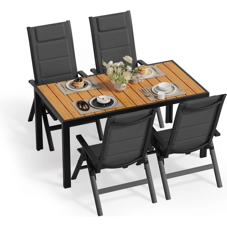 JUMMICO Gartenmöbel Set Klappbar, 5-Fach Verstellbarer Aluminium Sessel mit Holztisch, Wetterfestes Terrassenmöbel für Balkon und Garten