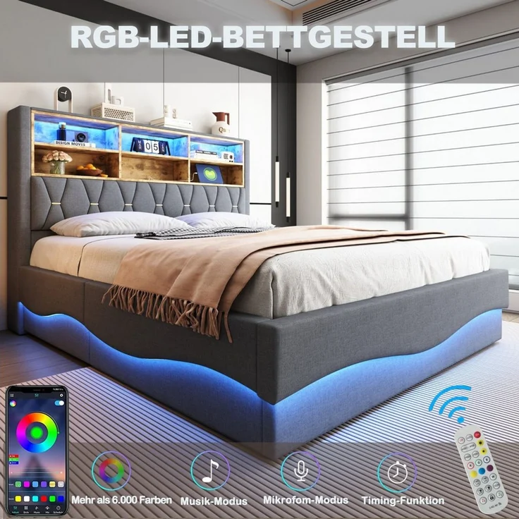 i@home Stauraumbett Doppelbett, Polsterbett Kinderbett 180×200 mit hydraulischem Stauraum (1-tlg), Mit LED-Beleuchtung und Anschluss, mit gepolsterter Rückenlehne, Grau – Bild 3