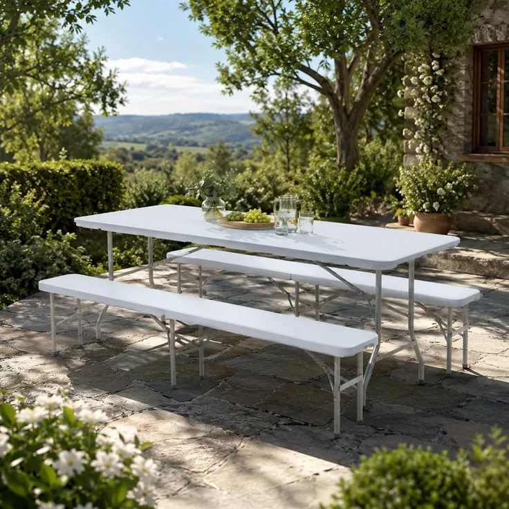 Strattore Bierzeltgarnitur, 3-teilig, Klappbar, Kunststoff, 180 x 70 x 74 cm, Weiß