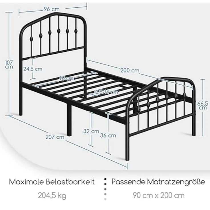 Yaheetech Bettrahmen 90 x 200 cm, Vintage Metallbett mit kronenförmigem Kopfteil, Stabiles Bettgestell Einzelbett aus Metall, Robust & Leichte Montage Gästebett Jugendbett Tagesbett, Schwarz – Bild 3
