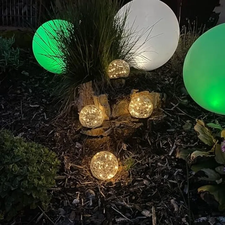 HI 4er Set LED Solar Crackle Glas Lampen Solarbeleuchtung mit Erdspieß 70395