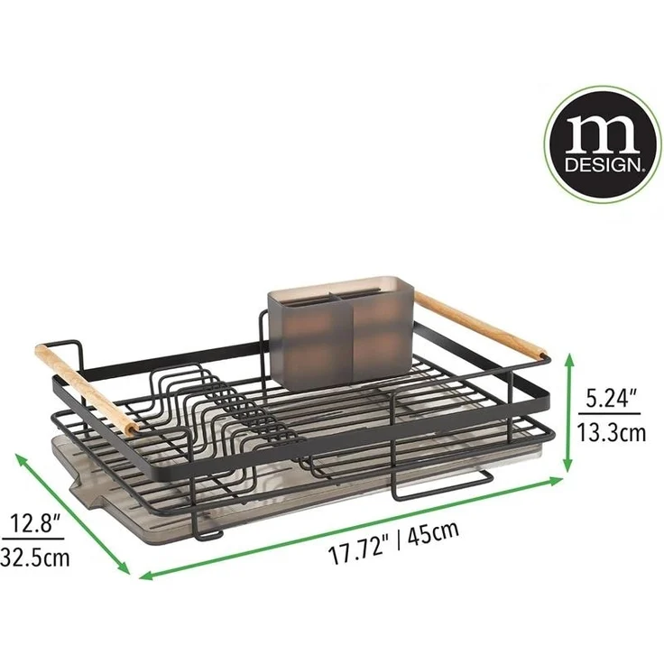 Abtropfgestell Metall schwarz Geschirrabtropfer Abtropfgitter Holzgriff mDesign – Bild 2