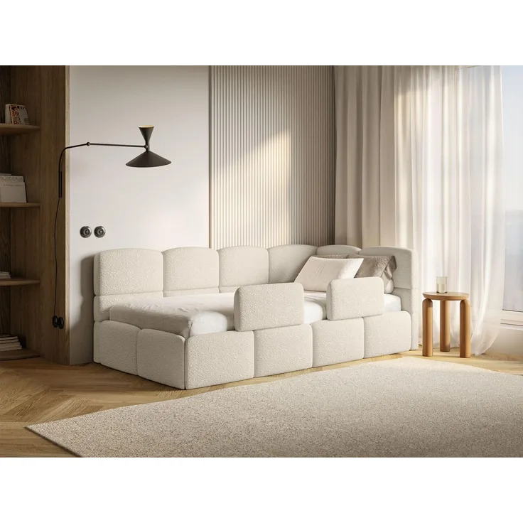 Selsey Jugendbett 90x200 cm Rechts Komfortables Polsterbett mit Bettkasten Sicherer Schlaf Rausfallschutz-Gitter Modernes Design Stabiler Holzrahmen Hellbeige Ideal Kinderzimmer