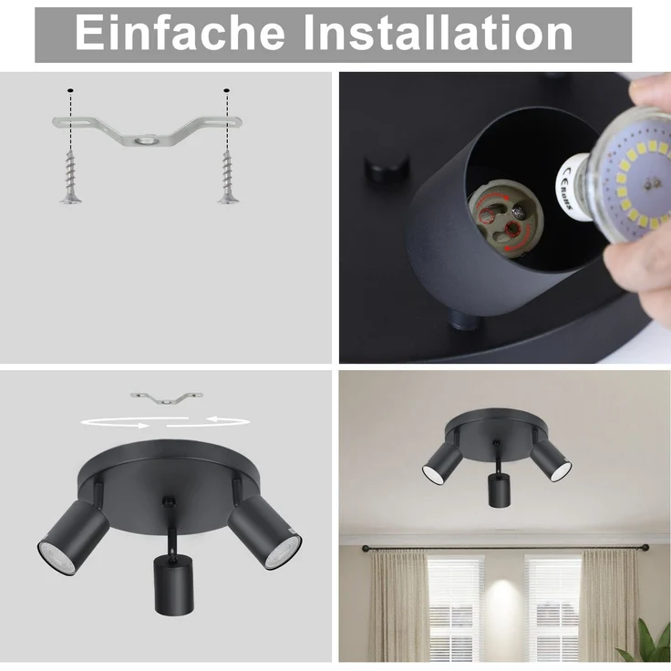 ZMH LED Deckenleuchte Schwarz Deckenstrahler - Deckenlampe 3 Flammig Rund Deckenspots GU10 Strahler Metall Küchenlampe Schwenkbar 350° Spotleuchte für Wohnzimmer Schlafzimmer Küche Flur - Ohne Birne – Bild 7