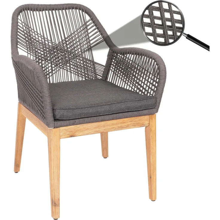 Gartenstuhl HWC-H56b, Sessel Outdoor Stuhl, wetterfest Seilgeflecht Rope Holz Akazie ~ grau Kissen anthrazit