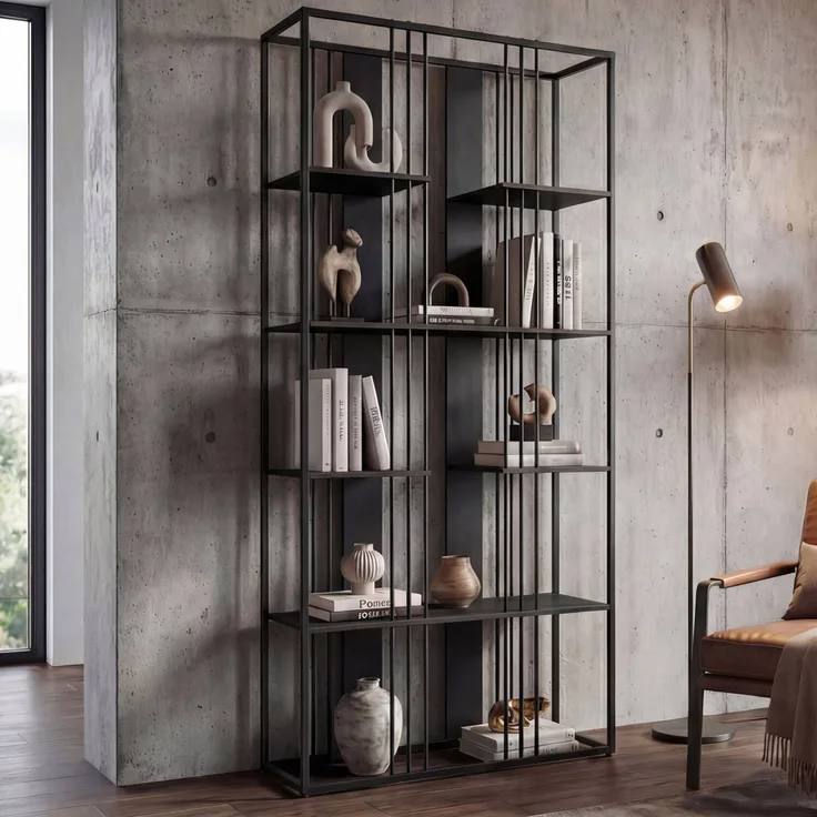 Regal HWC-P12, Bücherschrank Hochschrank, Industrial Metall Melamin MVG-zertifiziert 180x80x31cm ~ schwarz, schwarz