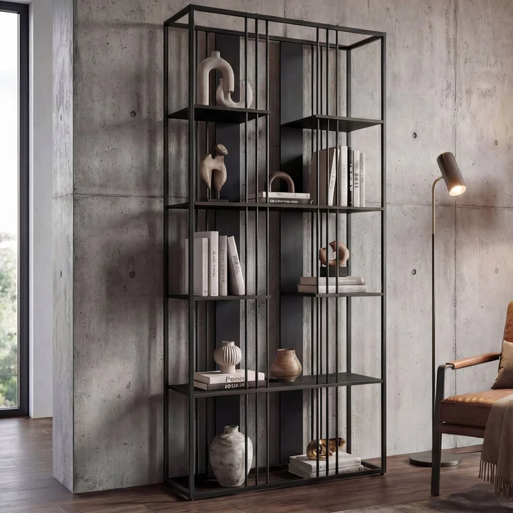 Regal HWC-P12, Bücherschrank Hochschrank, Industrial Metall Melamin MVG-zertifiziert 180x80x31cm ~ schwarz, schwarz – Bild 1