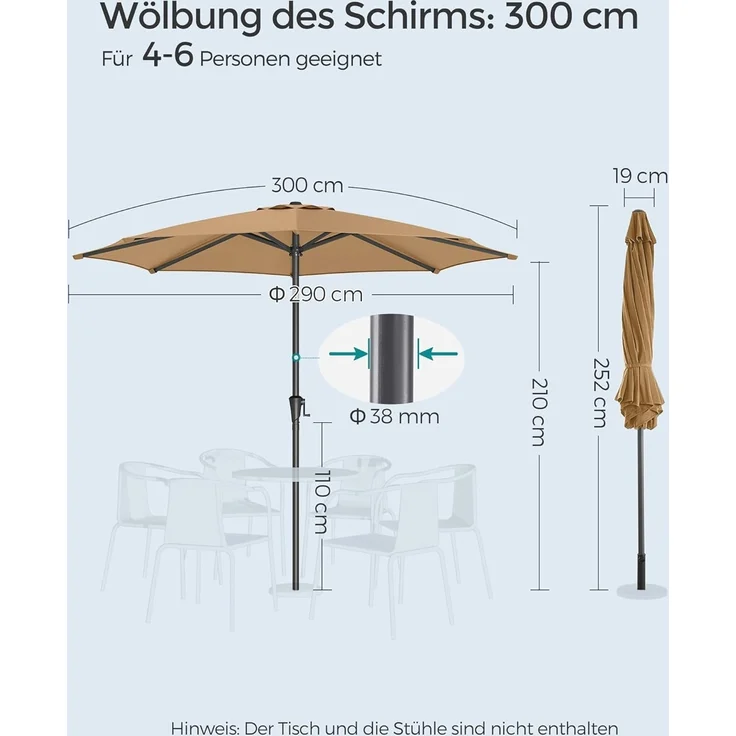 SONGMICS Sonnenschirm 300 cm, UPF 50+, Strandschirm, beidseitig um 30° knickbar, Sonnenschutz, mit Kurbel zum Öffnen/Schließen, für Terrasse, Balkon, Pool, ohne Ständer, taupe GPU30BRV1 – Bild 7