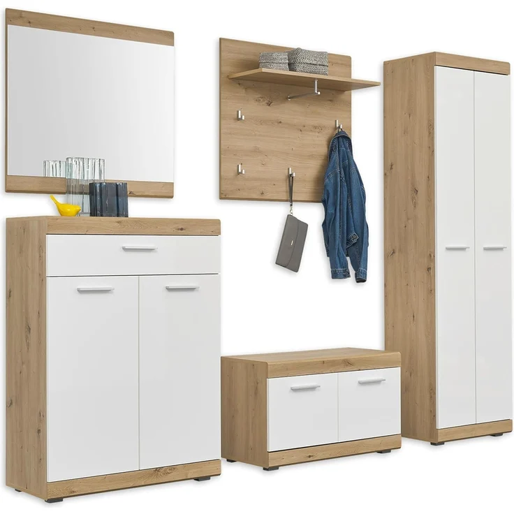 NOLA Flurgarderoben Set in Artisan Eiche Optik, Weiß Hochglanz - Modernes Garderobenset 5-teilig für Ihren Eingangsbereich - 255 x 195 x 38 cm (B/H/T)