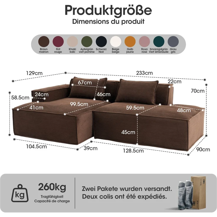 LVHOM Ecksofa 2 Sitzer, Modulares Sofa 235 cm breit, L-Form Sofa mit 2 Kissen, Schlafsofa aus Cordstoff, kein Aufbau erforderlich, Braun – Bild 6