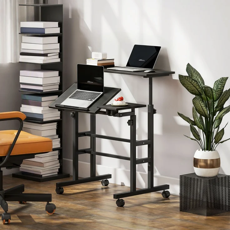 MELAYR, Steh-Sitz-Schreibtisch, höhenverstellbarer Schreibtisch 70 x 60 cm mit Rollen, neigbarer Tischplatte, Schwarz – Bild 4