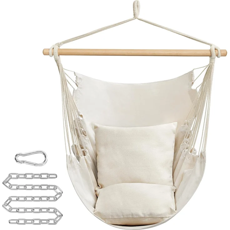 SONGMICS Hängesessel, Hängeschaukel, Hängestuhl mit 2 Kissen, Metallkette, bis 150 kg belastbar, Indoor und Outdoor, Wohnzimmer, Schlafzimmer, cremeweiß GDC187M01 – Bild 1