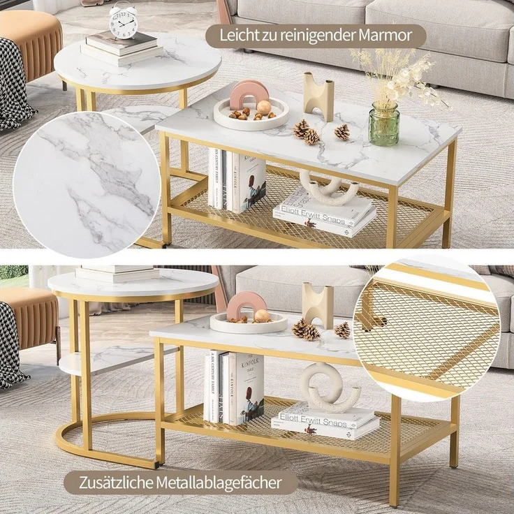 FUROKOY Couchtisch Beistelltisch Sofatisch wohnzimmertisch kaffeetisch 2er set (Runder Tisch Oval), Modern design Couchtisch mit Schwarz beinen,Marmoroptik,Schwarz + Weiß – Bild 3