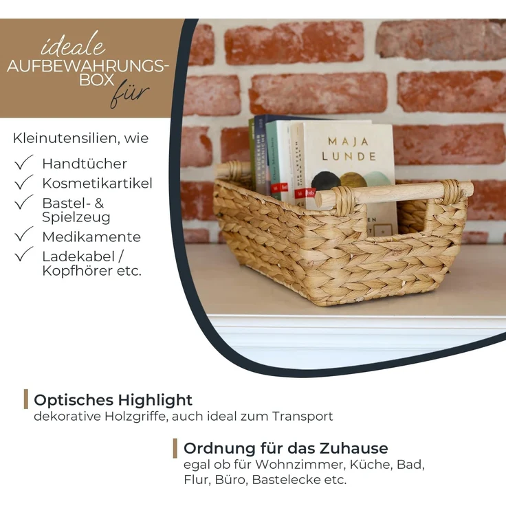 HMF Aufbewahrungskorb Aufbewahrungskorb mit Holzgriffen, Korb geflochten aus Wasserhyazinthe, Badezimmerkorb, lang und bauchig, 32 x 22 x 12 cm – Bild 3