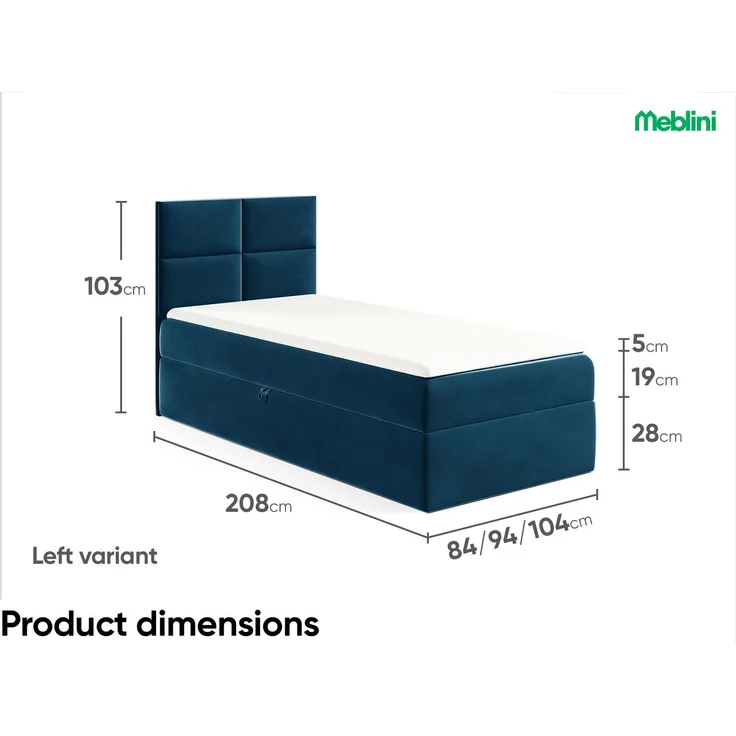 MEBLINI Kinderbett mit Bettkasten MINO 3 100x200 Links – H3/Blau Samt Gepolstert Einzelbett mit Matratze - Polsterbett mit Stauraum - Bett mit Kopfteil – Stauraumbett – Bild 5