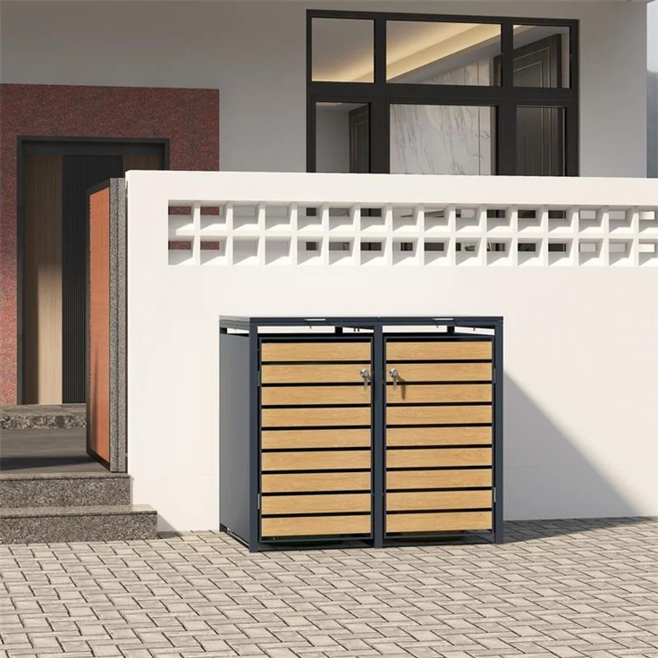 ESTEXO Mülltonnenbox 2 Türen, Anthrazit mit Holzdekor – Bild 4