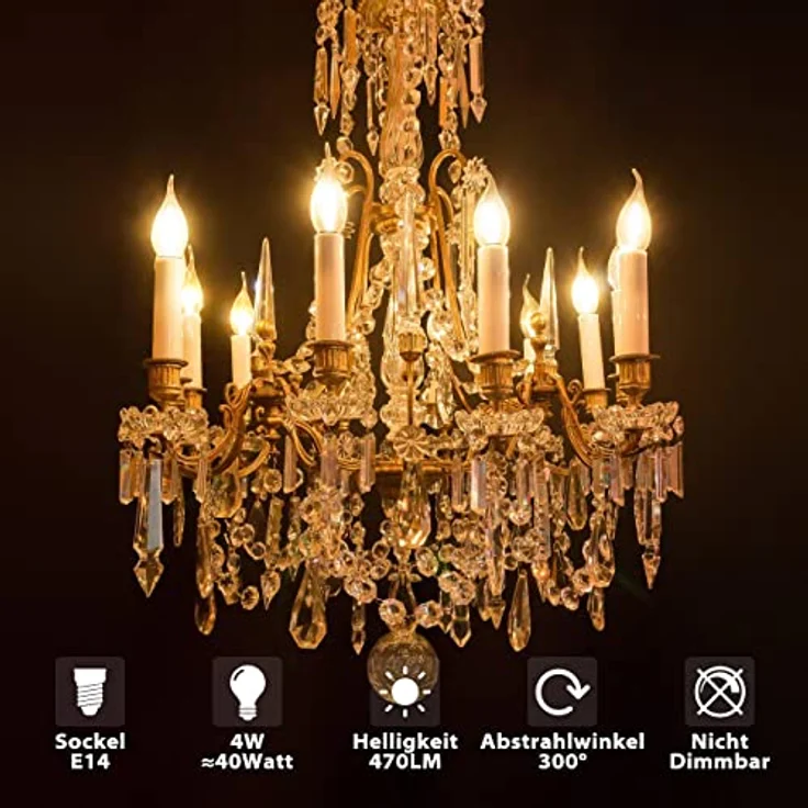 LVWIT LED Kerze Lampe E14, 470 lm, warmweiß 2700K, ersetzt 40 Watt, nicht dimmbar, Classic Kerzenform Filament, klar (6er Pack) – Bild 3