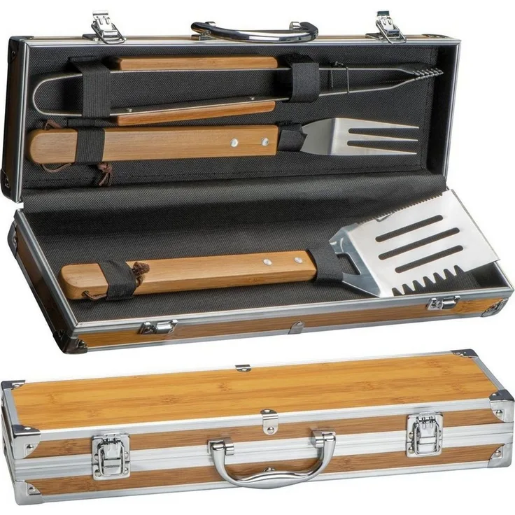 Macma Grillbesteck-Set Grillkoffer aus Metall mit Bambusapplikationen / 3 teiliges BBQ Bestec