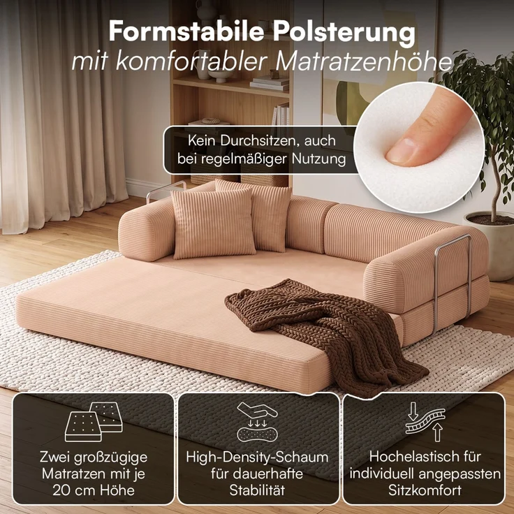 skølm 'Lofn' Modulares Sofa 2 Sitzer, 200x100 cm, Vollschaumcouch mit Metallgestell, Cord lachsrosa, Schlafsofa vakuumverpackt, kein Aufbau erforderlich – Bild 2
