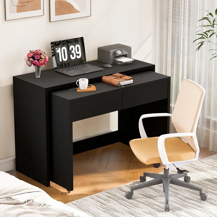 ZUBALIYA Regalschreibtisch + Kommode-2-in-1 Kompaktschreibtisch, ausziehbar,der gesamte Tisch ist aus 1,8 cm starkem Holz gefertigt, mit Rollen ausgestattet, flexibel kombinierbar,Faltbarer Schreibtisch