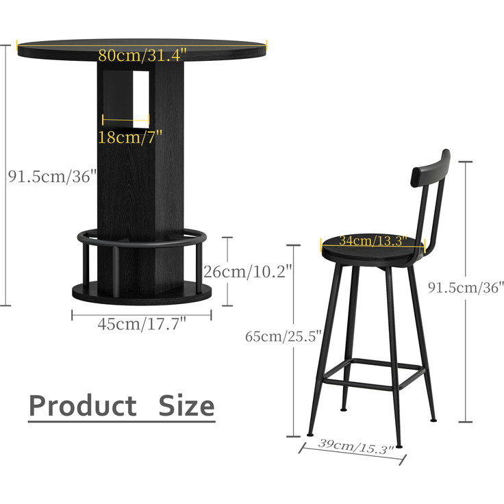 Bartisch-Set Ø 80 cm mit 2 Hockern – runder Esstisch aus Spanplatte und Stahl in Schwarz – Bild 4