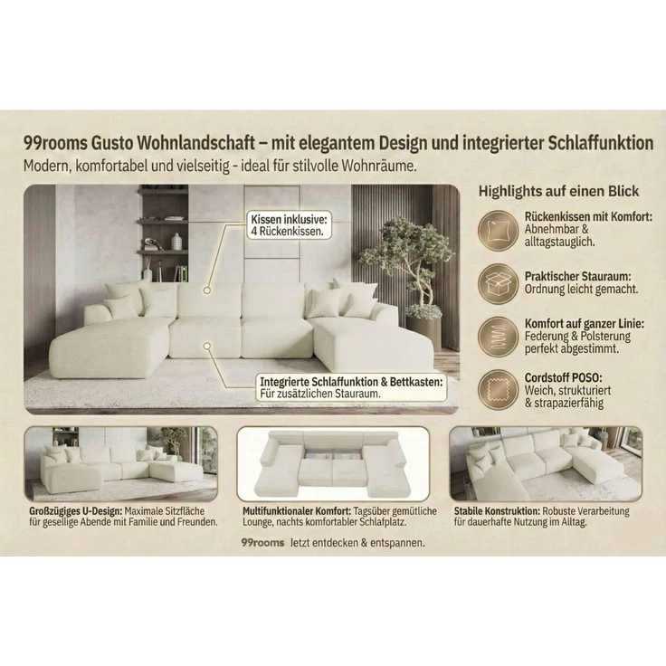 99rooms Wohnlandschaft Gusto, Sofa, U-Form, mit Schlaffunktion, mit abnehmbaren Kissen, Bezug - Cord POSO – Bild 3