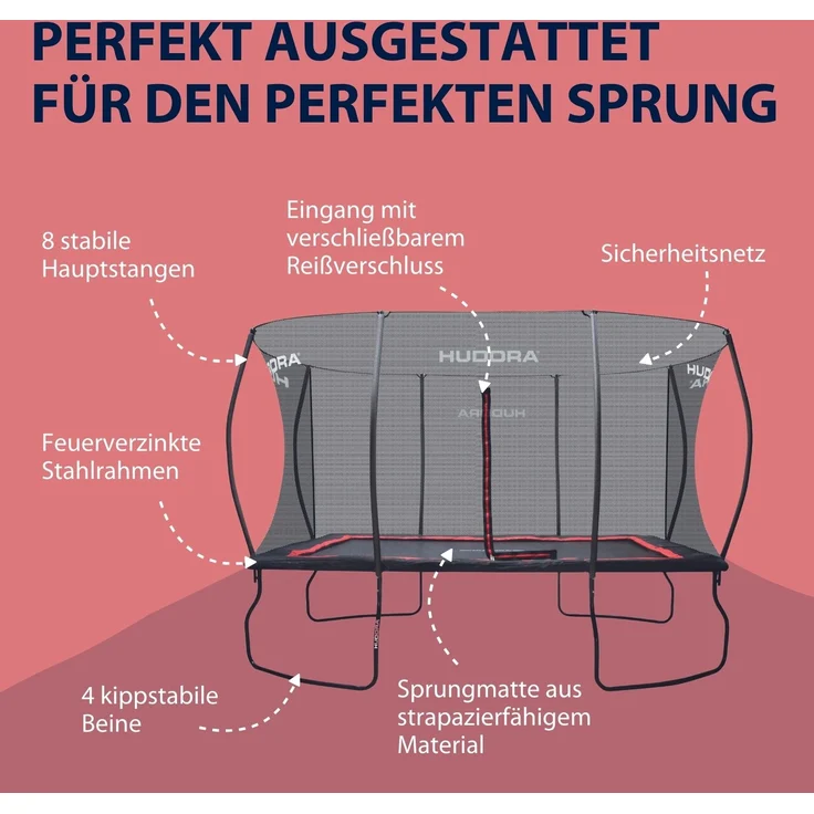 Hudora '4square' Trampolin mit Sicherheitsnetz, Stahl schwarz, 288 x 410 x 272 cm – Bild 12