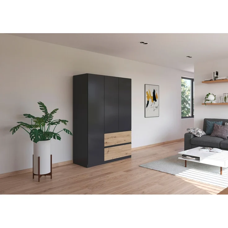 rauch Kleiderschrank, Drehtürenschrank COSTA, 3-türig, 2 Schubkästen, push-to-open, Grau metallic, 136 x 197 x 54 cm – Bild 1