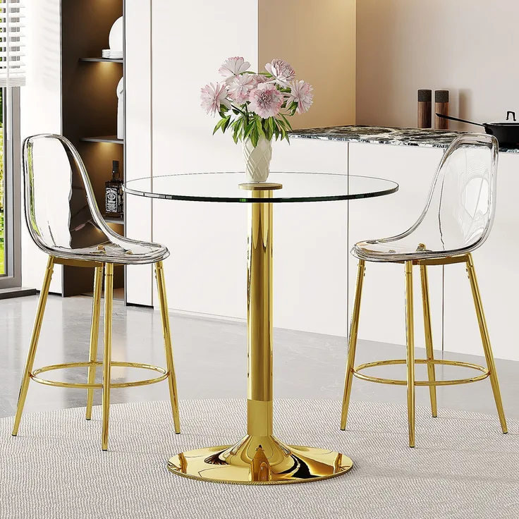 Flexibles Bar-Set: 89 cm Glastisch + 2 transparente Barhocker – speziell für europäische offene Küchen konzipiert. Goldfarbenes metallenes Gestell mit bequemer Fußstütze, Flexibles Bar-Set: 89 cm Glastisch + 2 transparente Barhocker – speziell für euro...