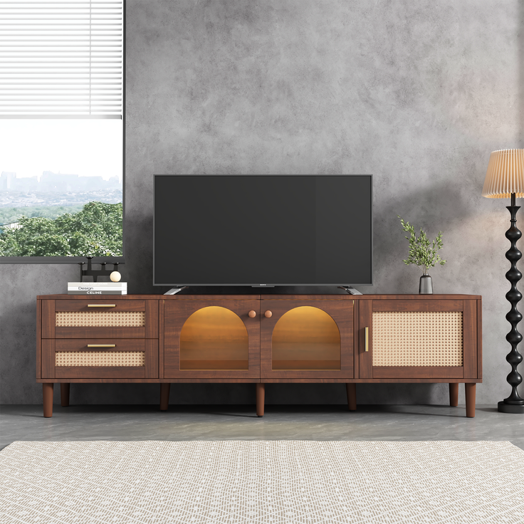 TV-Schrank, mit Rattan-Schubladen, 3 Türen, LED-Licht & höhenverstellbaren Füßen, 180x40x50 cm, Braun
