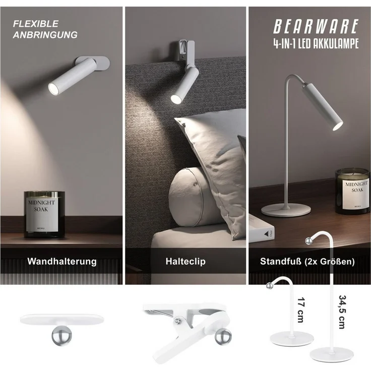BEARWARE Schreibtischlampe 4in1 LED Tischlampe dimmbar, Magnethalterung, Bürolampe, Tischleuchte, mehrere Helligkeitsstufen, LED fest integriert, warmweiß, Akku, 3 Helligkeitsstufen, Standfuß, Wandhalterung, Clip, Taschenlampe – Bild 3