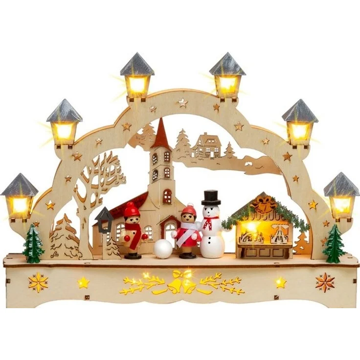 SIKORA Schwibbogen LB70s kleiner LED Holz Lichterbogen Dorfkirche mit Markt B: 27 cm, batteriebetrieben - sanft beleuchtet für sinnliche Weihnachten – Bild 4