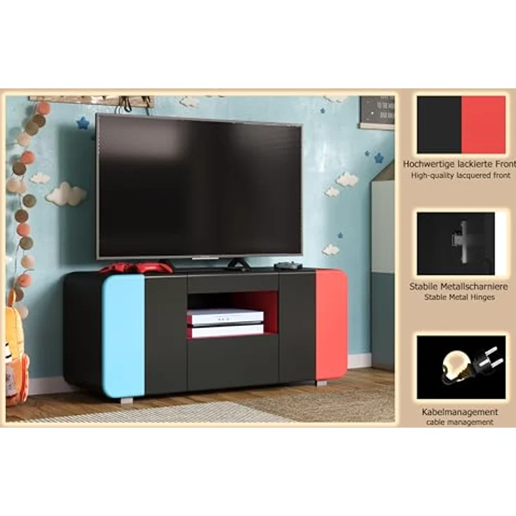 trendteam smart living - Level Up - TV-Schrank - Schwarz/Rot/Blau - Gaming-Lowboard passend für z.B. Nintendo Switch - (BxHxT) 115 x 49 x 42 cm - Mit LED-Spot BLAU, 4er-Set – Bild 6