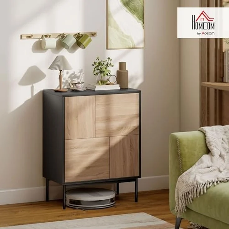 HOMCOM Sideboard mit Push-to-Open-Türen, Metallbeine (Kommode, 1 St, Aufbewahrungsschrank), für Küche, Esszimmer, Wohnzimmer, Schwarz+Naturholz – Bild 2