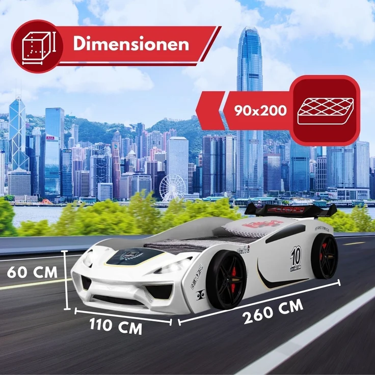 Autobett VENTO Kinderbett 90x200 cm Rennwagen-Bett inkl Lattenrost, Spoiler, LED-Licht, Farbe Weiß – Bild 3