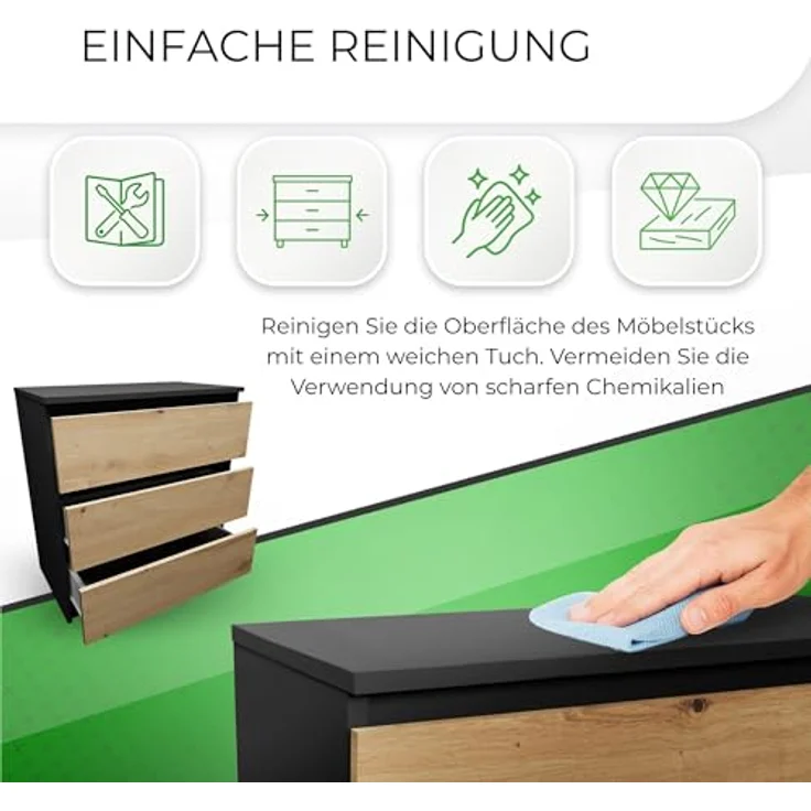 CDF Kommode mit Schublade Anthrazit/Artisan Schrank Schubladenschrank 3 Schubladen Malm Kommode viel Stauraum Geeignet für Wohnzimmer Schlafzimmer Komodenschrank Organizer Kleidung 40T x 70B x 75H cm – Bild 7