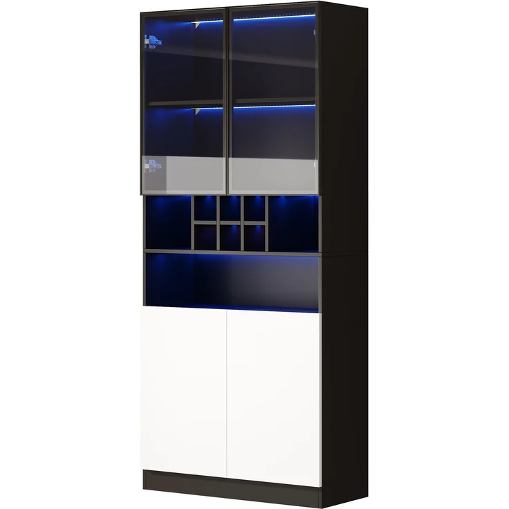 LED-Beleuchteter Glasvitrinenschrank, Küchenhochschrank 80×30×180 cm – Gehärtetes Glas, mit offenen Regalen, Platz für Flaschen und Geschirr, 2 Türen, Vielseitig geeignet für Wohnzimmer und Esszimmer--Schwarz--80x30x180cm--YOUDENOVA – Bild 7