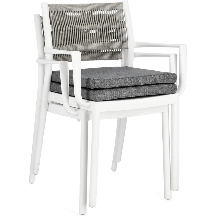 Gartenstuhl Alvin mit Armlehne, Metall und Stoff, modern und stapelbar, weiß hellgrau, inkl. Kissen – Bild 9