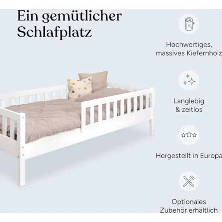 Ehrenkind Kinderbett mit Rausfallschutz aus massivem Kieferholz, Kinderbett 90x200 cm (zeitlos, hochwertig und auch für ältere Kinder geeignet, aus FSC zertifiziertem Holz), Jugendbett, Kinderbett mit Rausfallschutz – Bild 4