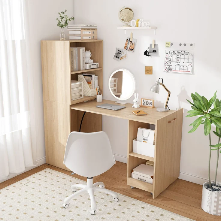 Ausziehbarer Schreibtisch mit Stauraumschrank und Rollen, 126x55x136 cm, Naturholz – Bild 2