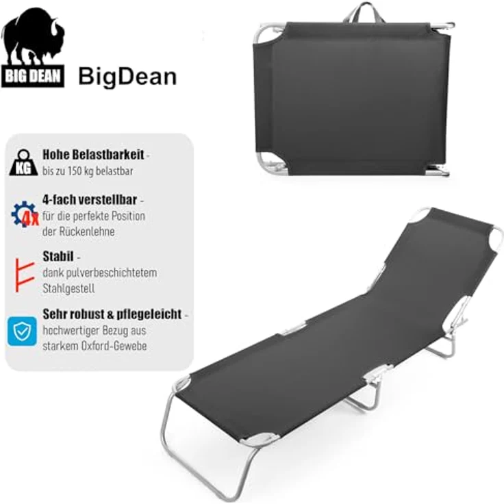BigDean Sonnenliege klappbar 150 kg belastbar mit 4-Fach Verstellbarer Rückenlehne – hochwertige Gartenliege für Balkon, Garten & Strand - schwarz – Bild 4
