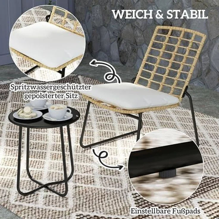 Outsunny Gartenlounge-Set 3-teilig, mit 2 stapelbar Stühle, Tisch, Kissen, wetterfest, (Balkonmöbel Set für 2 Personen, 3-tlg, Rattan Gartenmöbel Set), für Terrasse Balkon, Beige & Braun – Bild 6