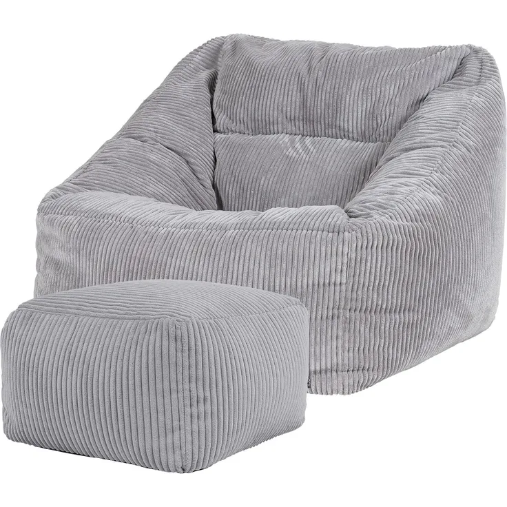 Icon 'Morgan' Sitzsack mit Hocker, Flauschig, Cord, Grau, 100 x 88 x 80 cm
