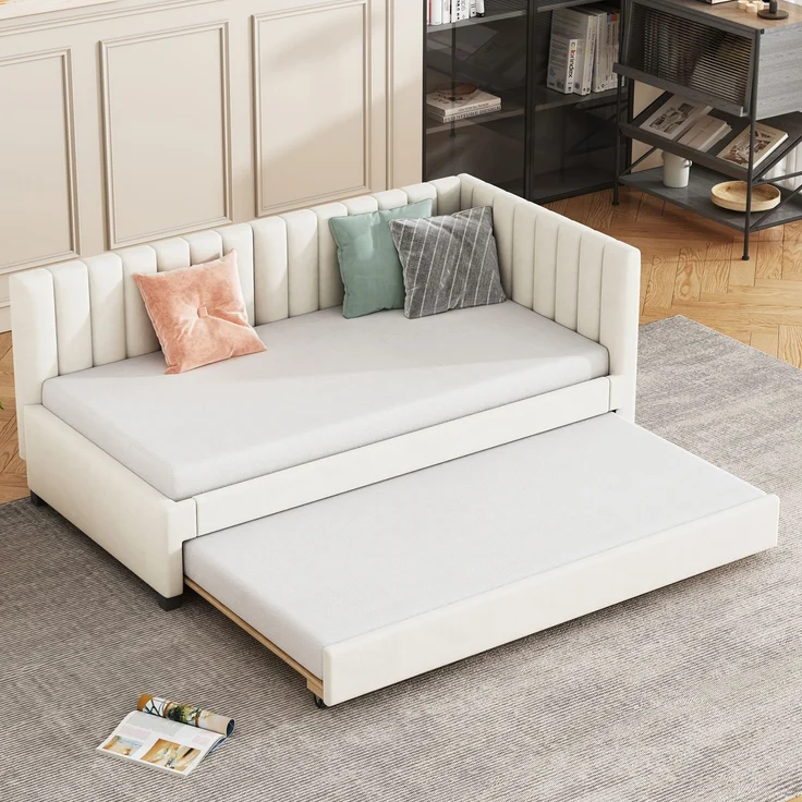 Polsterbett 90*200, Ausziehbares Schlafsofa, Multifunktionsbett mit Lattenrost, Jugendbetten Kinderbetten Gästebetten, Samtstoff Beige – Bild 3