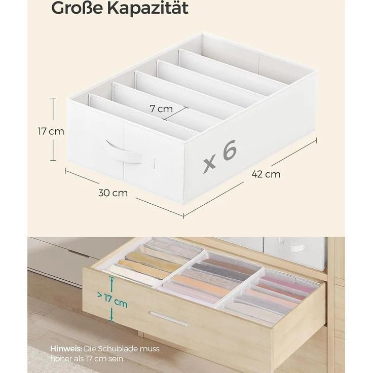 SONGMICS Kleiderschrank-Organizer 2er Set, Aufbewahrungsbox 6 Fächer, Schubladen-Ordnungssystem, Ordnungsboxen faltbar, 42 x 30 x 17 cm, für Hosen, Kleidung, wolkenweiß – Bild 5