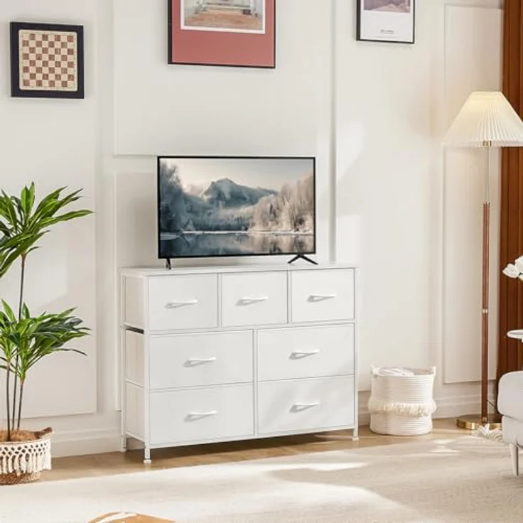 DUMOS Kommode für Schlafzimmer mit 7 Stoffschubladen hohe Kommode Organizer für Kleidung Schrank Kinderzimmer Aufbewahrungsturm mit Schrank Metallrahmen Holzplatte leichte Kinderzimmermöbel – Bild 3