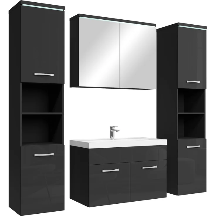 Badplaats Badmöbel Komplettset Paso XL LED 80x40 cm Schwarz Hochglanz - Badezimmermöbel mit Waschbecken, Spiegelschrank und 2 Badezimmerschränke – Bild 1