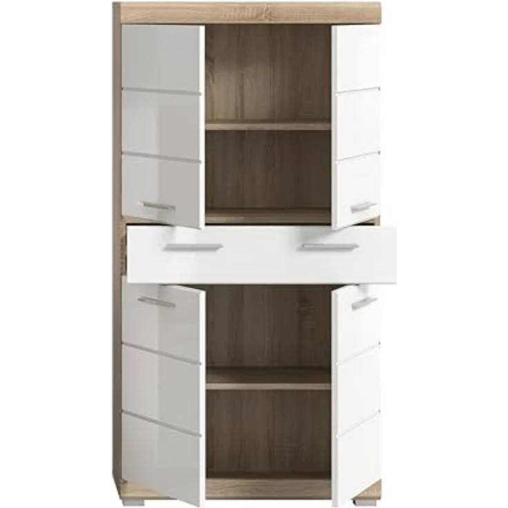 Xonox Lambada Badmidischrank (B/H/T: 74x141x31 cm) in weiß Hochglanz und Sonoma Eiche hell – Bild 4